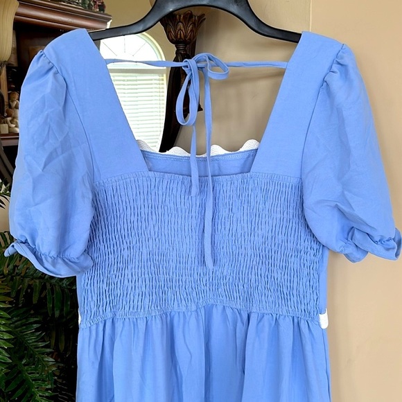 Brand New Blue Flowy Maxi Dress w/ White Ric Rac Tie Back Smocked Puff Sleeves - Picture 9 of 16